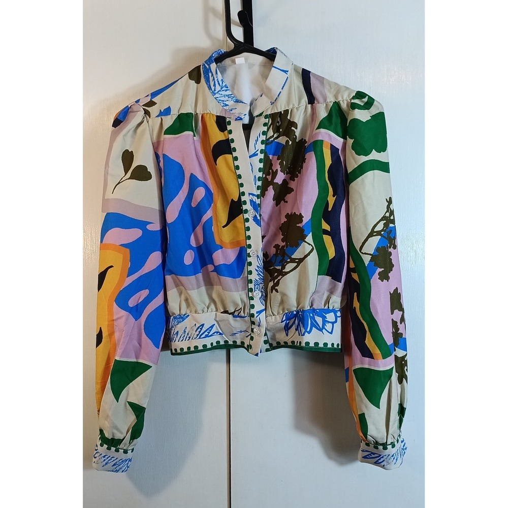 Aveloria Bold Print Button Up Shirt Crop Waist  Blouse Top Women Size XS‎